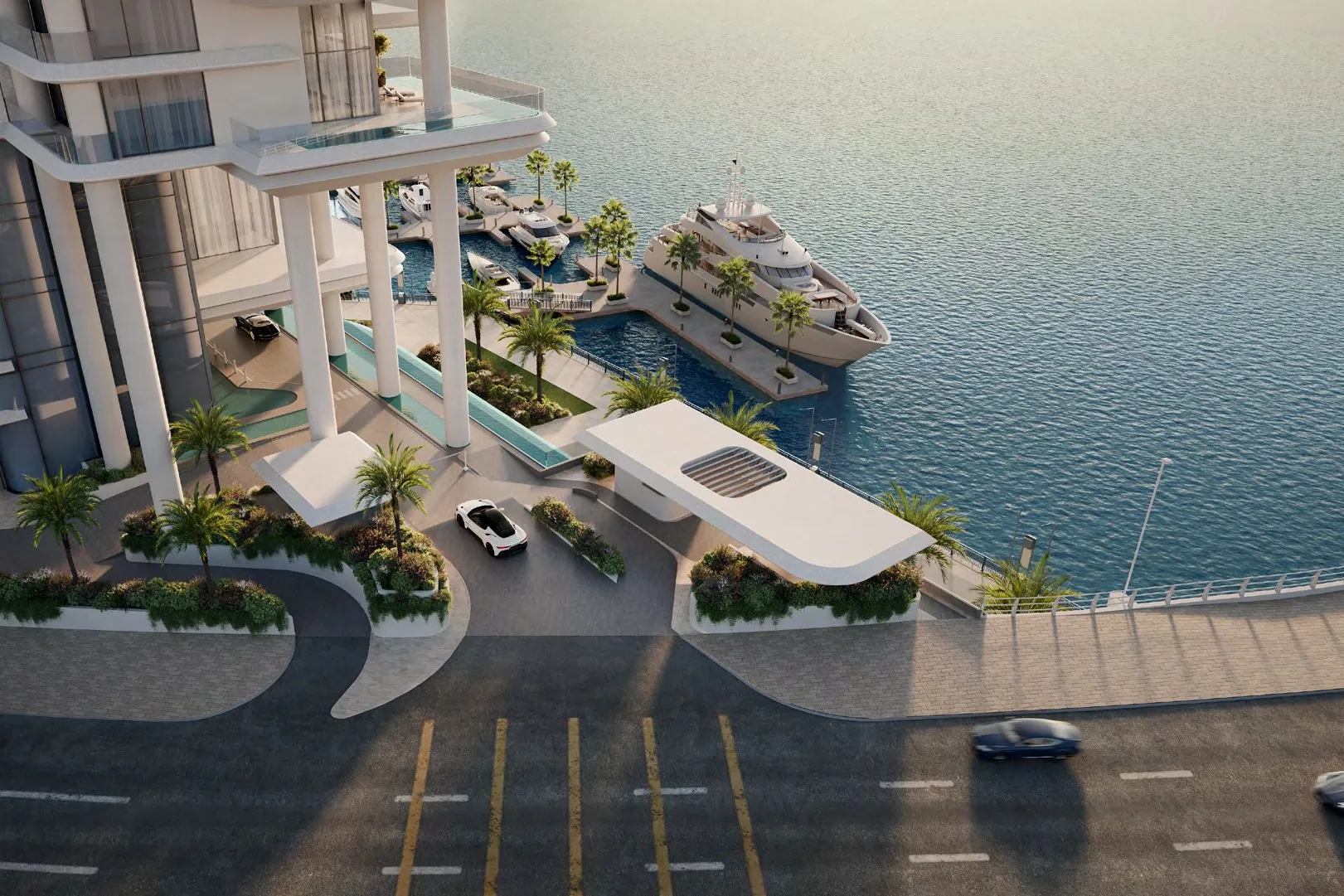Aerial of VELA's arrival drive, gardens and yachts at the marina