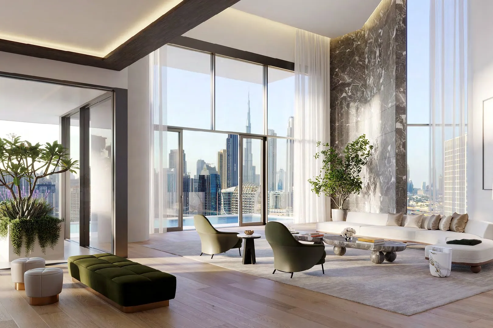 Tall living room with marble wall, sofas and Burj Khalifa view
