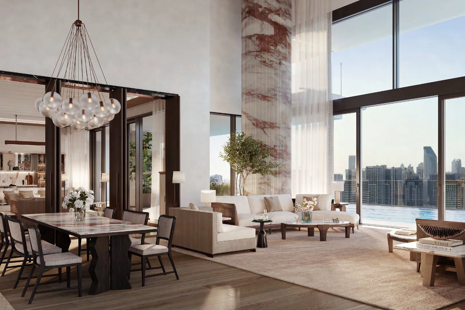 Open dining and living space with glass chandelier and city views